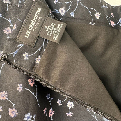 Liz Claiborne Pencil Skirt Sz 4 lined Black floral pink blue back zipper slit