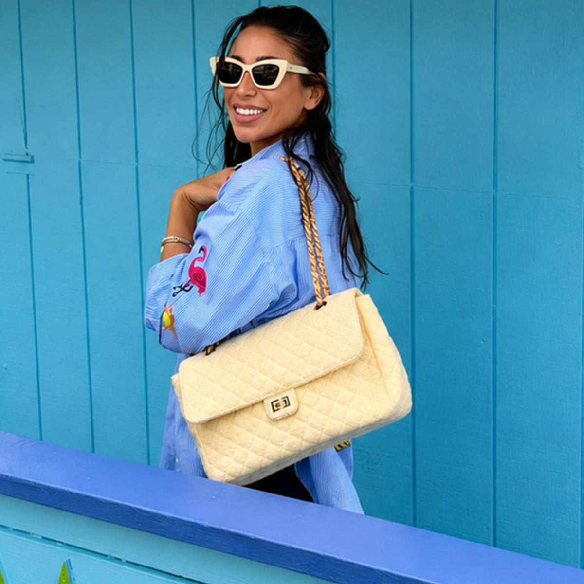 BEACH HAUS Medium Shoreline Quilted Terrycloth Flap Bag – Blush Pink