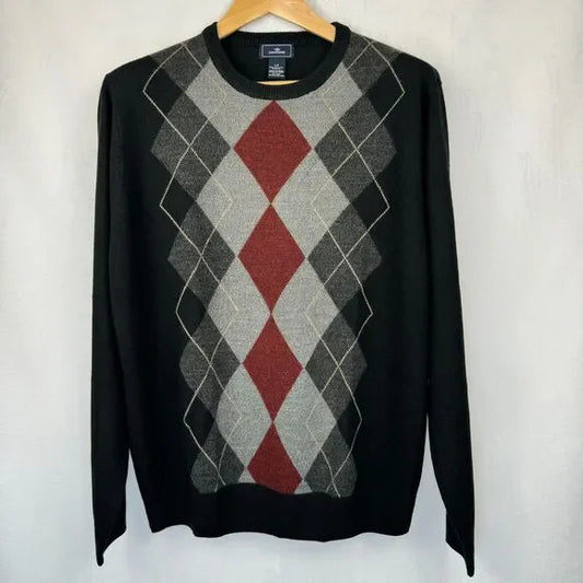 Dockers Men Top Sz L Black Argyle Pattern Red Gray Crew Neck Long Sleeve