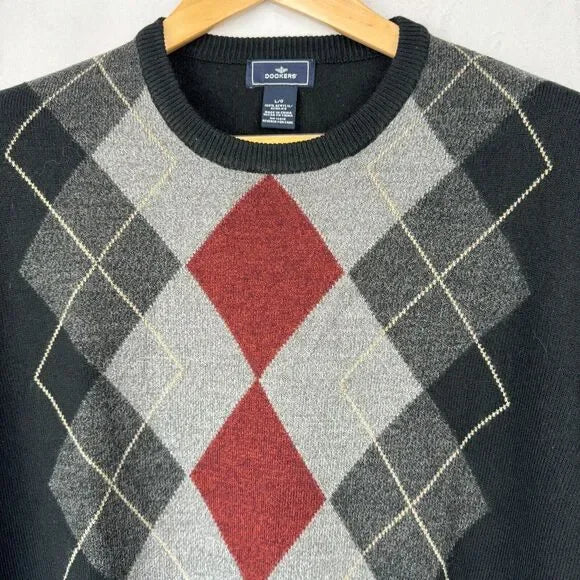 Dockers Men Top Sz L Black Argyle Pattern Red Gray Crew Neck Long Sleeve