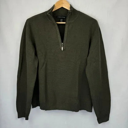 Structure Polo Sweater Men Sz L Green 1/4 Zip Long Sleeve Patched Elbows