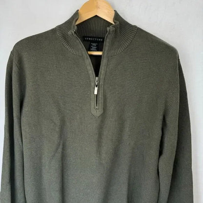 Structure Polo Sweater Men Sz L Green 1/4 Zip Long Sleeve Patched Elbows