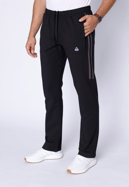 SCR Sportswear men's Ultimate Flex black straight-leg athletic sweatpants with adjustable drawstring waist, zippered pockets and side stripe detail.

