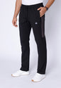 SCR Sportswear men's Ultimate Flex black straight-leg athletic sweatpants with adjustable drawstring waist, zippered pockets and side stripe detail.
