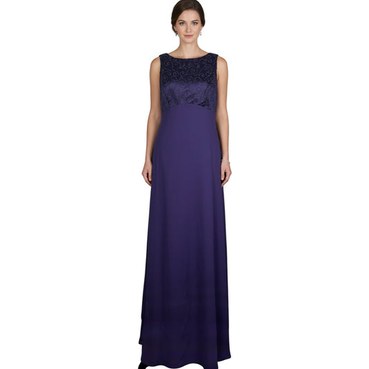 Front view of a purple Rhapsody formal grown on a model with beaded bodice and long skirt