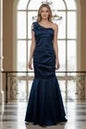Cache Navy Blue One Shoulder Mermaid Formal Gown Sz 10 Satin Evening Prom Dress