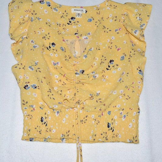 Monteau Sz S Crop Top Yellow Multicolor Flowers Ruffle Flutter Sleeve