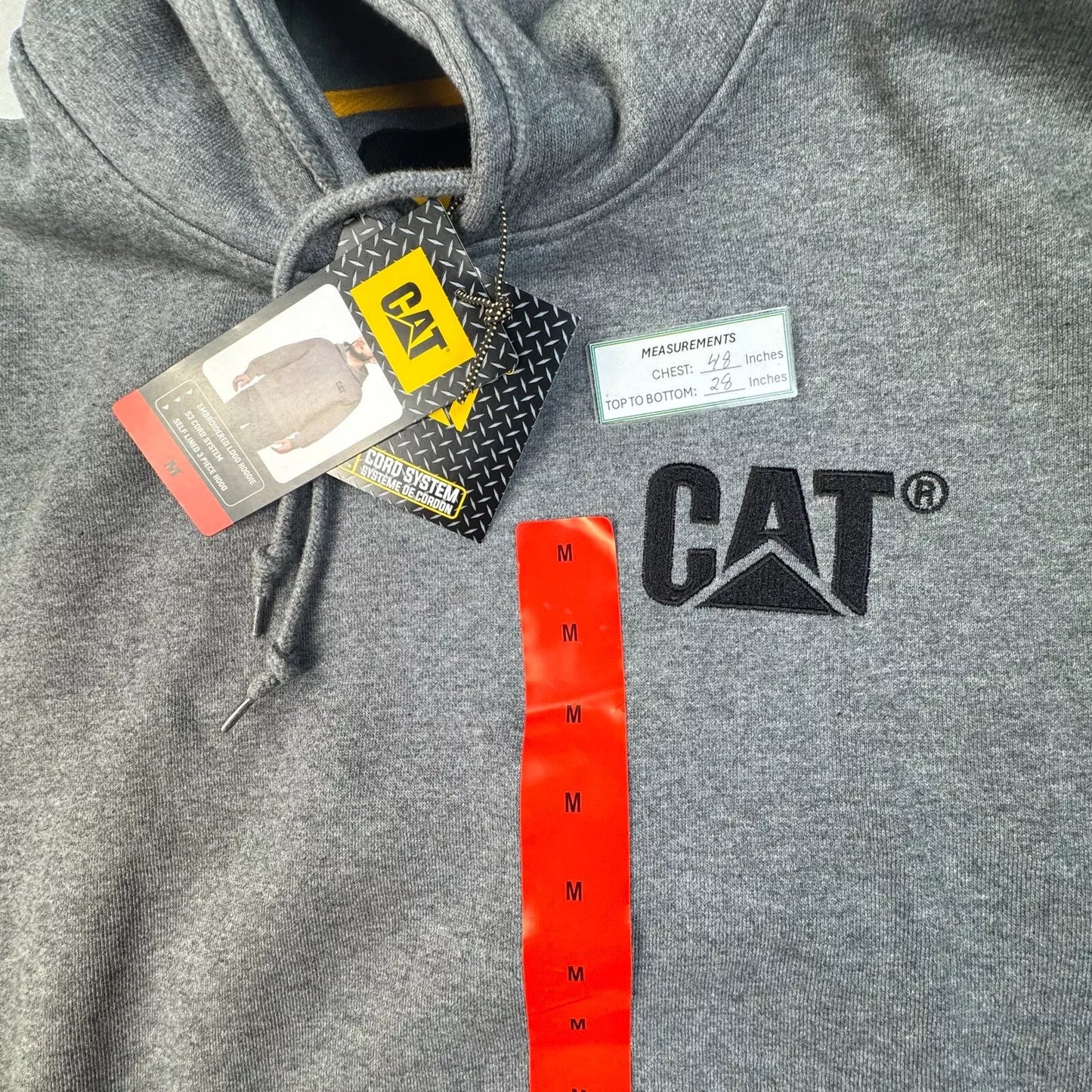 CAT Men Sz M Gray Sweatshirt Kangaroo Pocket Adjustable 3Piece Hood Black Logo