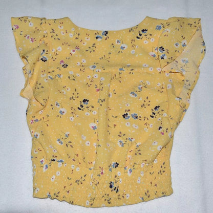 Monteau Sz S Crop Top Yellow Multicolor Flowers Ruffle Flutter Sleeve