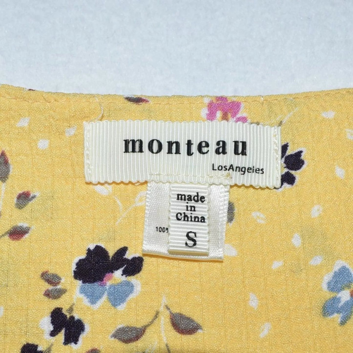 Monteau Sz S Crop Top Yellow Multicolor Flowers Ruffle Flutter Sleeve