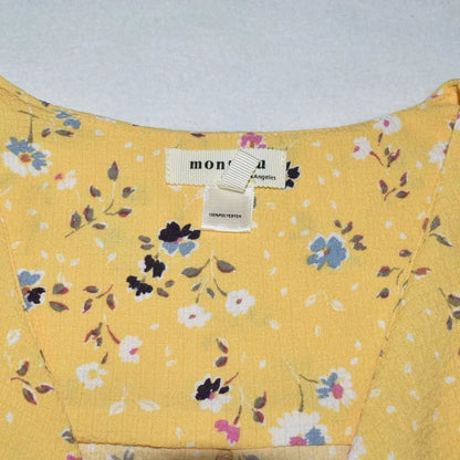 Monteau Sz S Crop Top Yellow Multicolor Flowers Ruffle Flutter Sleeve