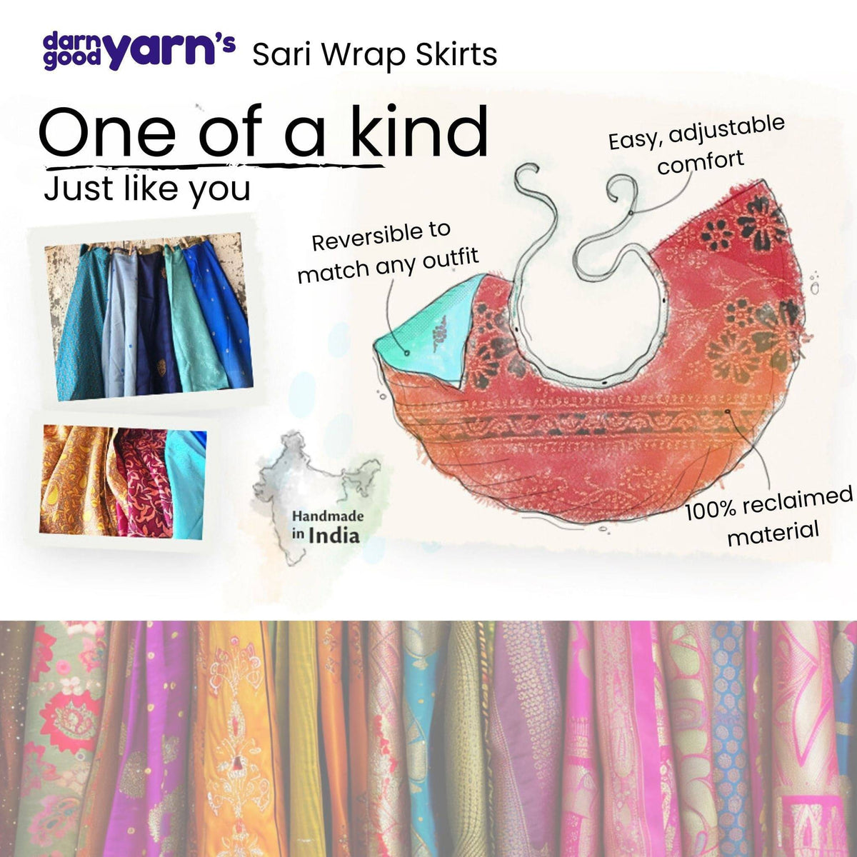 Darn Good Yarn Women's Recycled Sari Wrap Skirt Reversible Boho