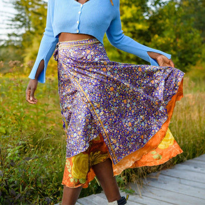 Darn Good Yarn Women's Recycled Sari Wrap Skirt Reversible Boho