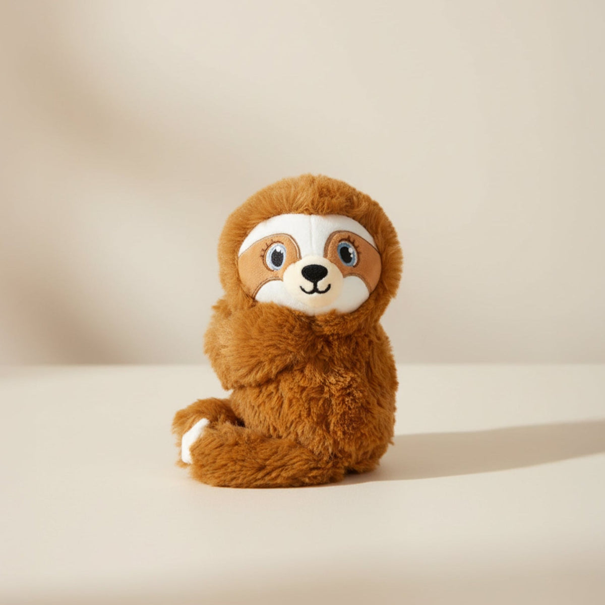Baby Shusher Sloth plush sound machine in brown with cream face, designed with soothing shushing sounds and smart cry detection for babies.
